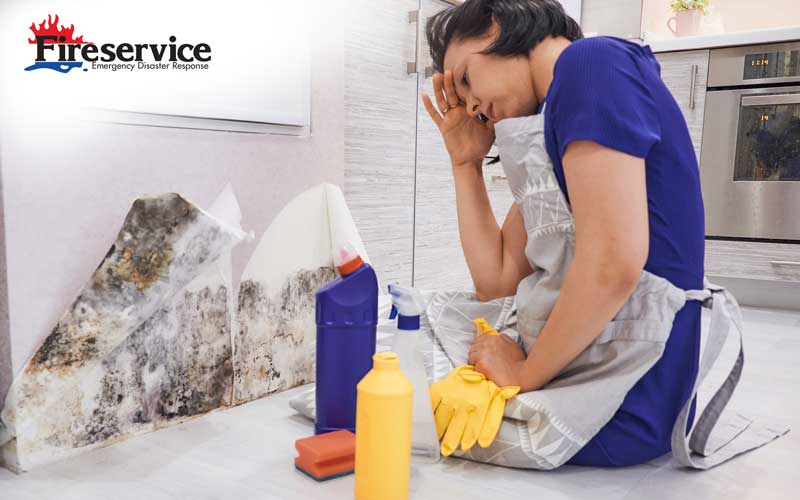 Woman sitting on the floor looking at mold on her wall
