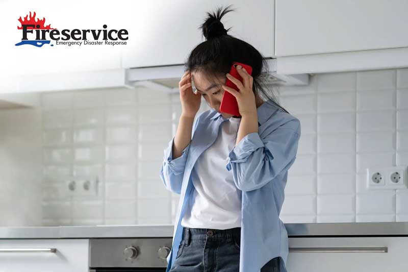 A stressed woman talking on the phone in her kitchen.
