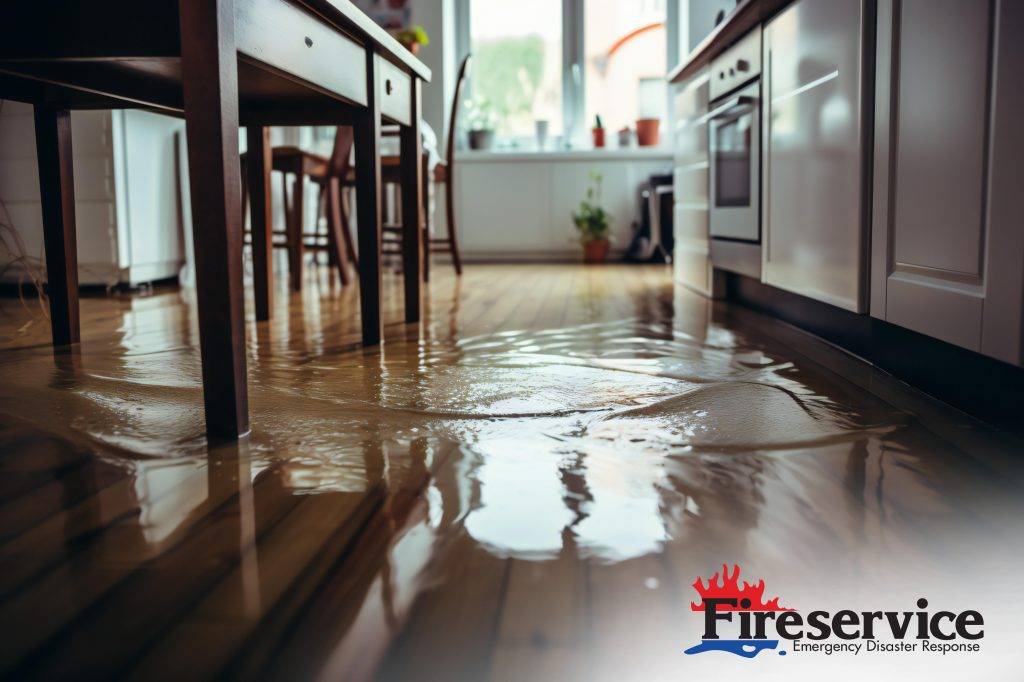 Water flooding a kitchen covering hardwood flooring and making it's way through the house. 