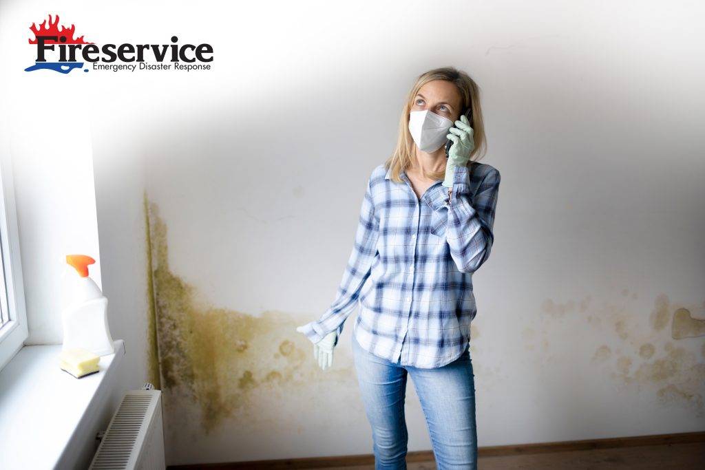 A woman talking on the phone and trying to clean mold off of walls. 