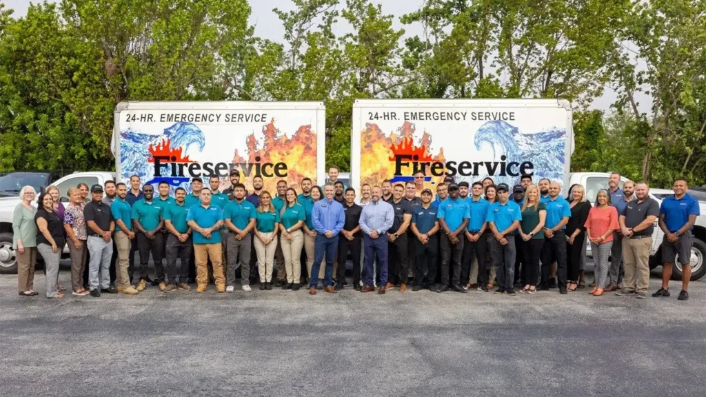 A large group of people standing in a line outdoors in front of two white Fire Service emergency vehicles with flame graphics.