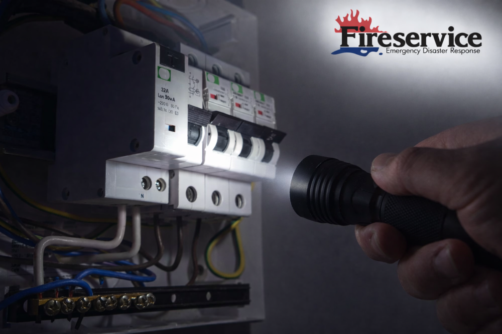 A person aiming a flashlight at a circuit breaker during a power outage.