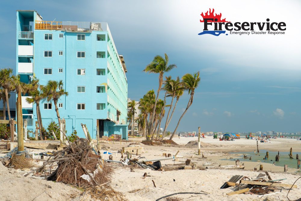 Hurricane damage on Fort Myers Beach with a teal building to the left that has visible damage