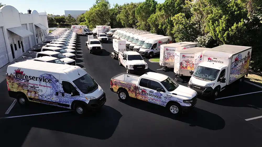 White service vans with purple graphics are lined up in a parking lot beside a white building and green trees.