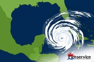 Illustration of a hurricane over the Gulf of Mexico with surrounding landmasses, featuring the Fireservice Emergency Disaster Response logo in the corner—a vital reminder for North Port residents to stay prepared during hurricanes.