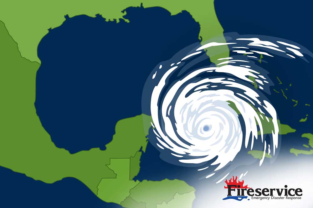 Illustration of a hurricane over the Gulf of Mexico with surrounding landmasses, featuring the Fireservice Emergency Disaster Response logo in the corner—a vital reminder for North Port residents to stay prepared during hurricanes.