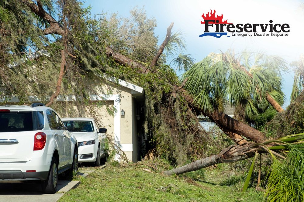 A fallen tree lies across a house and two parked cars in a residential driveway, with palm trees nearby.